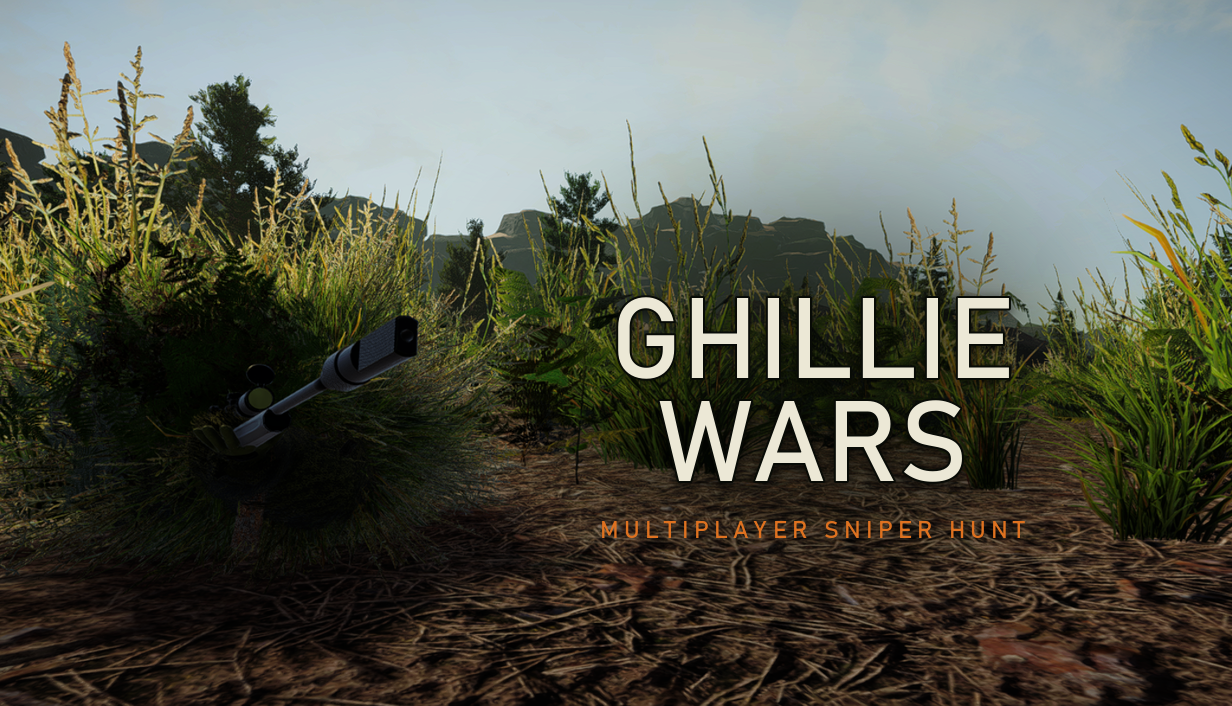 A rifle hidden in grass beneath the Ghillie Wars title